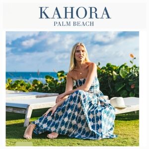 KAHORA Barbie Dress Strapless Maxi in Blue Trellis Sky Sz XS